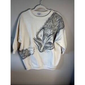 Vintage Variety Fox Graphic Sweatshirt Cream 3/4 Sleeve Made in‎ USA One Size